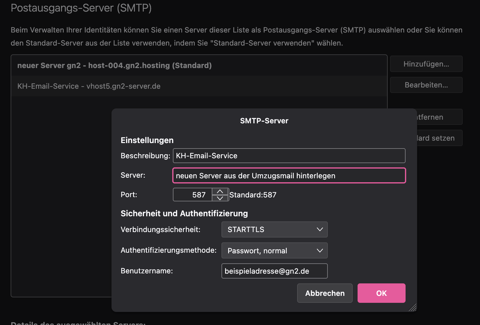 Thunderbird SMTP Server anpassen